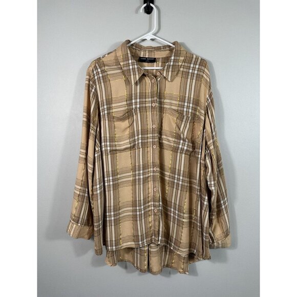 Lane Bryant Tops - Lane Bryant Shirt Womens 22/24 Tan Gold Plaid Long Sleeve Roll Tab Button Up